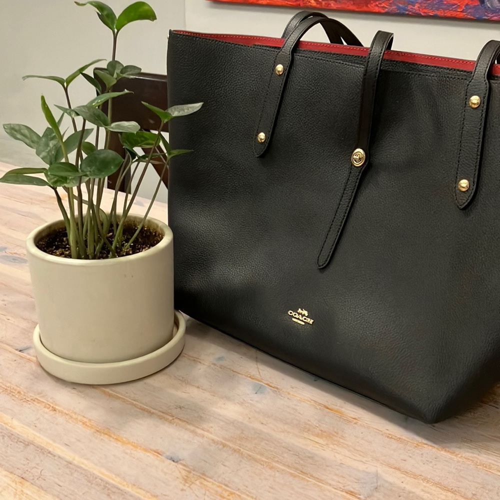 Black work bag with red lining that is perfect for to and from work.